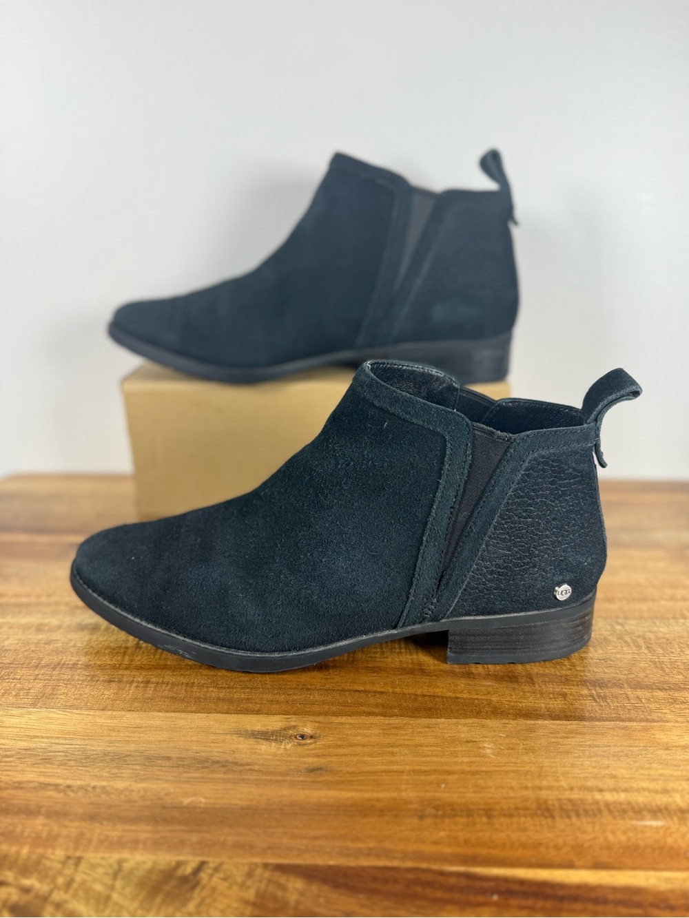 UGG McClaire Black Suede Stacked Block Heel Ankle Boots Size 11
